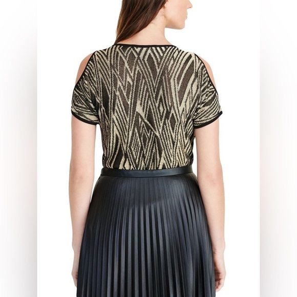 Lauren Ralph Lauren Black/Gold Geometric Metallic Cold Shoulder Top Size M - Picture 4 of 14